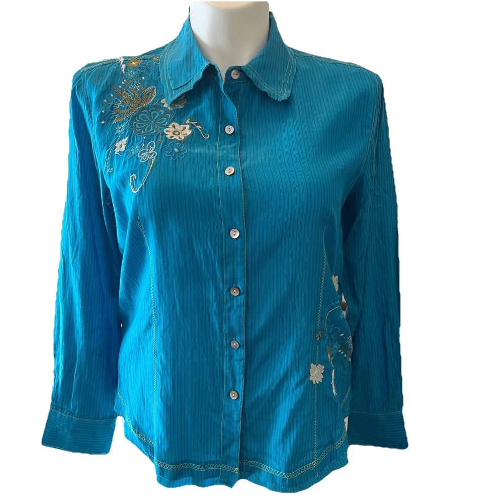 Chico's Silk Blend Embroidered Long Sleeve Button Up‎ Sz 2 (L) Turquoise Blue
